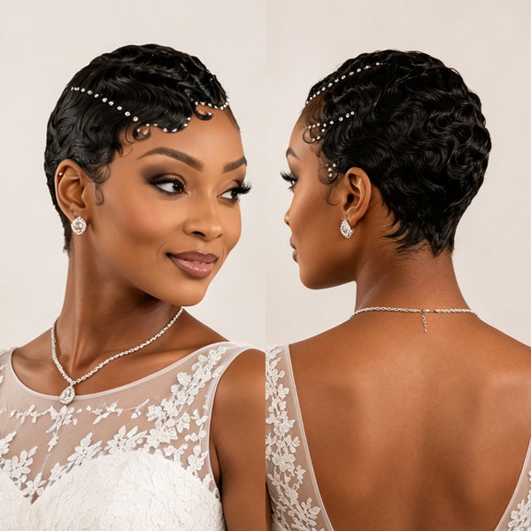 Bequeen 1B Short Cut With Pearl Diva Wedding Wig