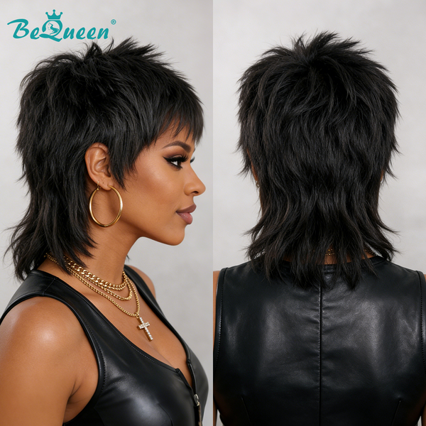 Bequeen Black Hedgehog Style Fluffy Mullet Wig