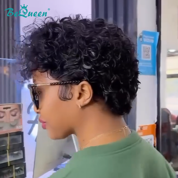 Bequeen 1B Side Part Curly Pixie Wig
