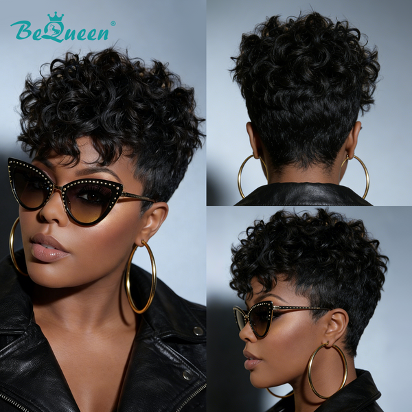 Bequeen 1B Curly Short Cut Pixie Wig