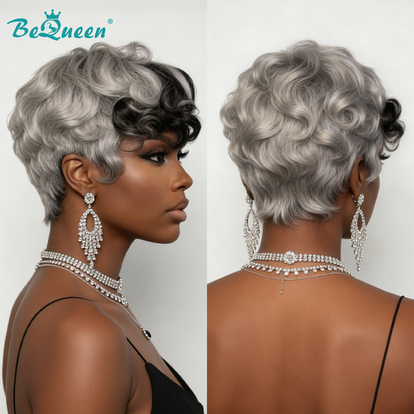 Bequeen Silver Mixed Frontal Black Wave Pixie Lace Wig