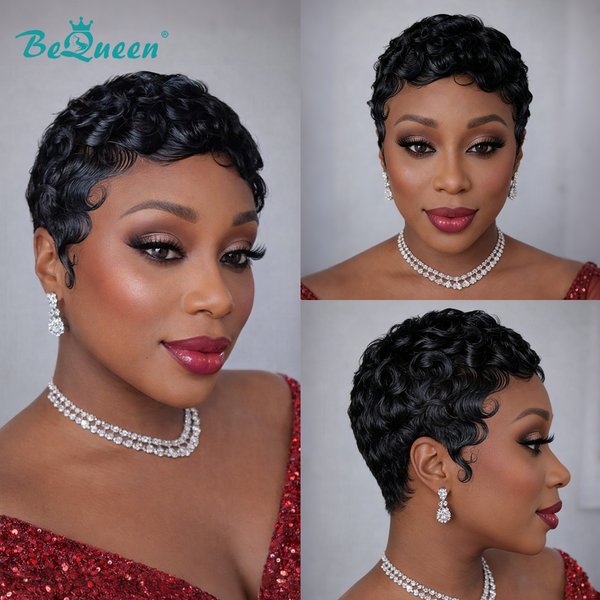 Bequeen Black Color Finger Wave Pixie Wig