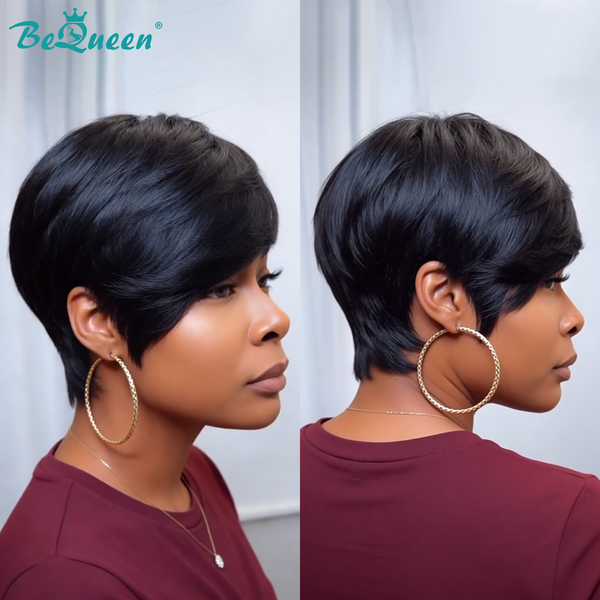 Bequeen Black Natural Style Side Part Bang Pixie Short Cut Wig