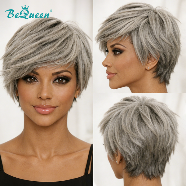 Bequeen Salt & Pepper Straight Style Short Cut Pixie Wig