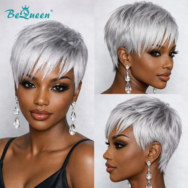 Bequeen Silver Grey Straight Natural Style Pixie Wig