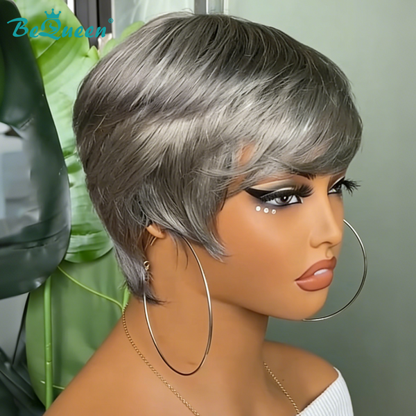 Bequeen Silver Grey Straight Short Cut Pixie Wig