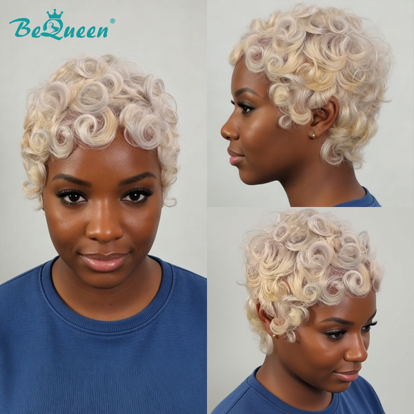 BeQueen White Mixed Blonde Finger Wave Pixie Cut Wig