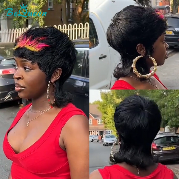 Bequeen Highlight Rainbow Color Short Cut Mullet Glueless Wig