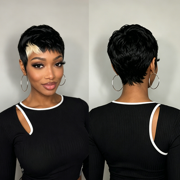 Bequeen Black Highlight Blonde Pixie Short Cut No Lace Wig