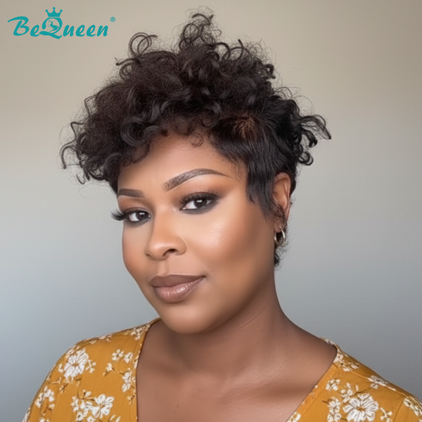 Bequeen 1B Curly Short Cut Pixie Wig-1