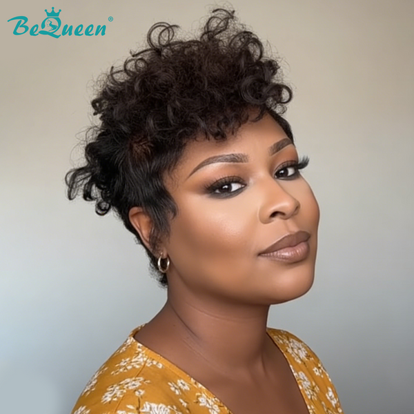 Bequeen 1B Curly Short Cut Pixie Wig-1