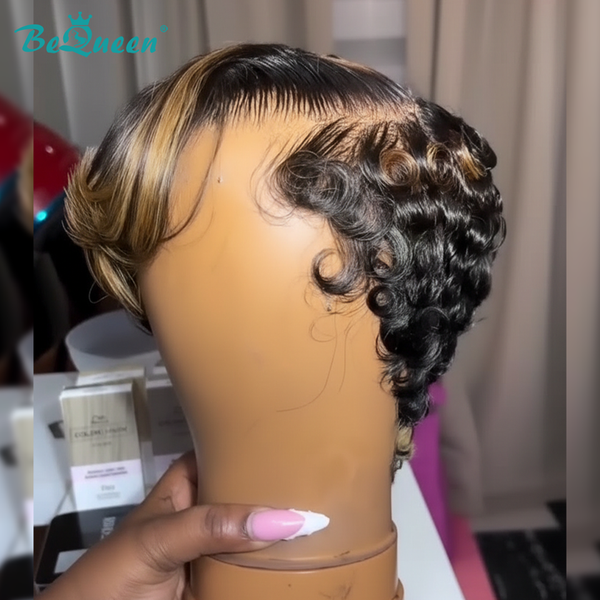Bequeen Highlight Blonde Curly Pixie Cut Frontal Lace Wig