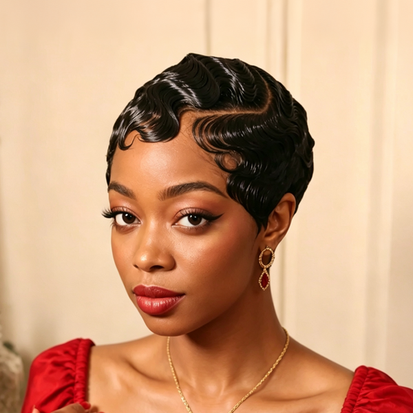 Bequeen 1B Finger Wave Pixie Full Lace Wig