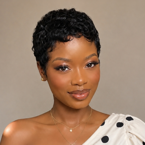 Bequeen Curly Natrual Black Pixie Cut Full Lace Wig