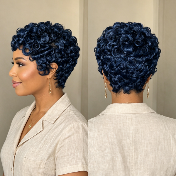 Bequeen Curly dark blue Pixie Cut Full Lace Wig
