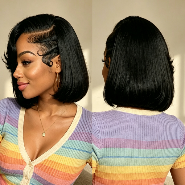 Bequeen Fashion Side Part Natrual Black 100% Human Hair Lace Bob Wig