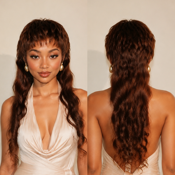 Bequeen #4 Brown Water Wave 22 inch Long Mullet Bang Wig 100% Human Hair