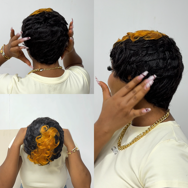 Bequeen Black Highlight Orange Finger Wave Style Pixie Cut Wig For Black Women