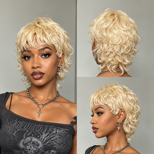 Bequeen Blonde Sheep-roll Short Cut Pixie Bob Style No Lace Full Cap Wig