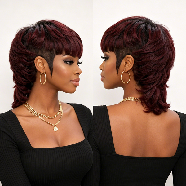 Bequeen Burgundy Color Bang Mullet Wig