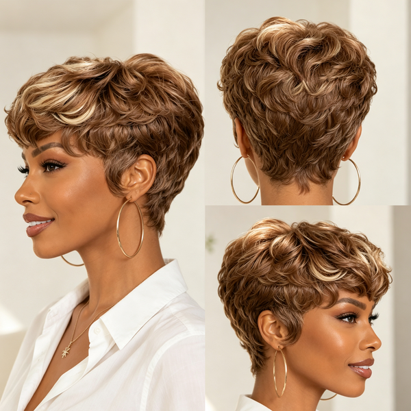 Bequeen Coffee Mixed Blonde Machine Made Short Cut Full Cap Wig