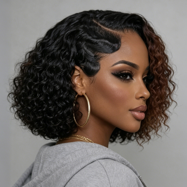 Bequeen Highlight Brown Curly Side Part Lace Pixie Wig