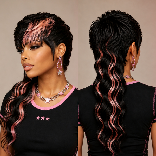 Bequeen Highlight Pink Fashion Bangs 100% Human Hair Long Mullet