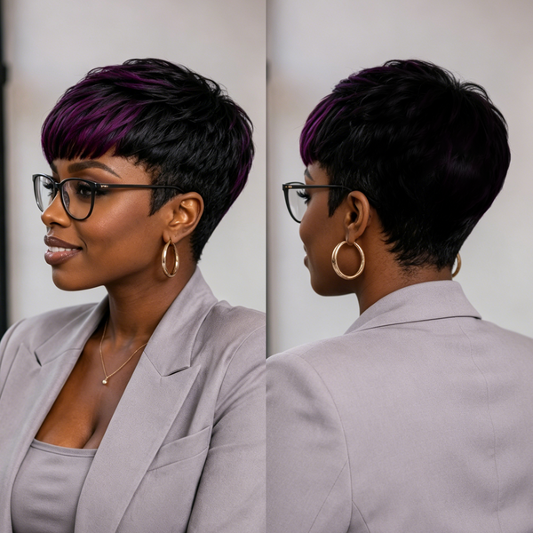 Bequeen Natural Black Highlight Purple Short Cut Pixie Bang Wig
