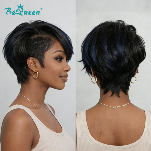 BeQueen Wig PIXIE WIGS Bequeen 1B & Blue Side Part Straight Frontal lace Wig