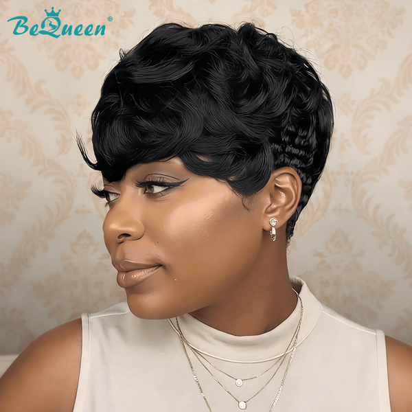 BeQueen Wig PIXIE WIGS Bequeen 1B Finger Wave Style Short Cut Wig