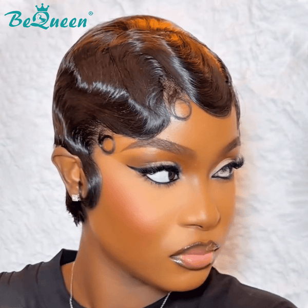 BeQueen Wig FULL LACE WIG Bequeen 1B Pixie Cut Water Wave 100% Human Hair Full Lace Wig