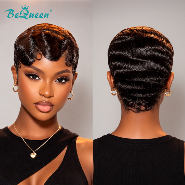 BeQueen Wig FULL LACE WIG Bequeen 1B Pixie Cut Water Wave 100% Human Hair Wig