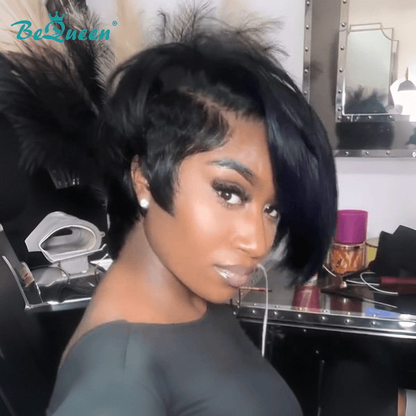 BeQueen Wig PIXIE WIGS Bequeen 1B Side Part Straight Frontal lace Wig