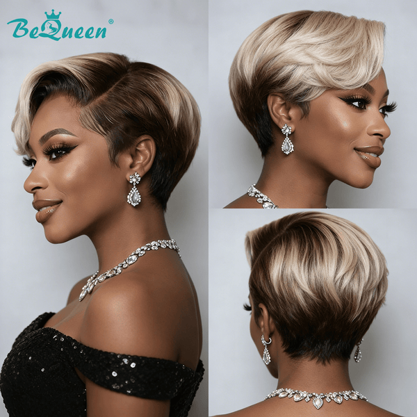 BeQueen Wig PIXIE WIGS Bequeen Blonde Dark Root Frontal Lace Short Wig