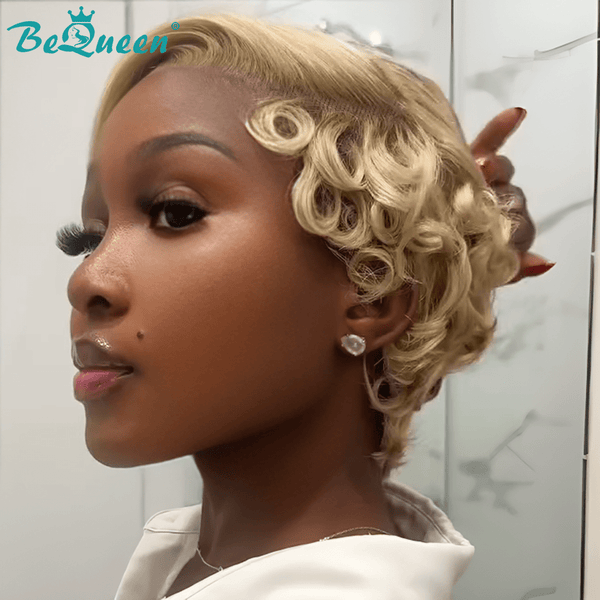 BeQueen Wig PIXIE WIGS Bequeen Blonde Vintage Wave PixieSide-Swept Pixie Lace Wig