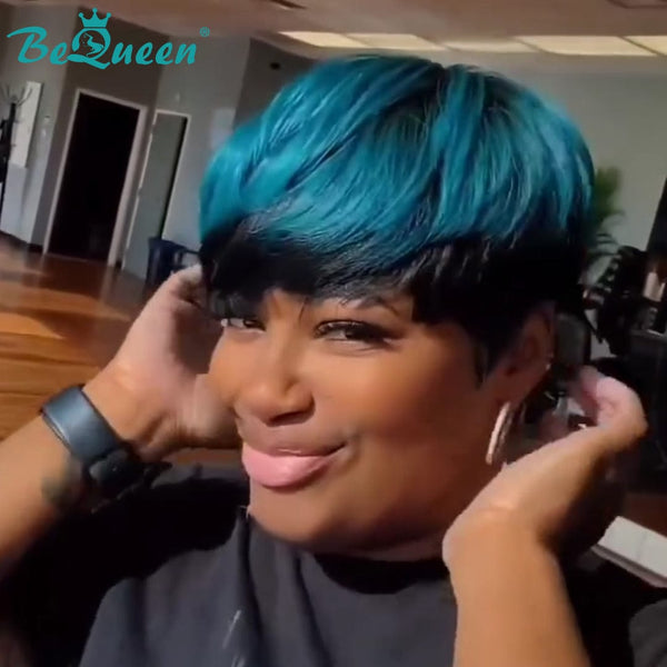 BeQueen Wig PIXIE WIGS Bequeen Blue Color Machine Made Pixie Wig