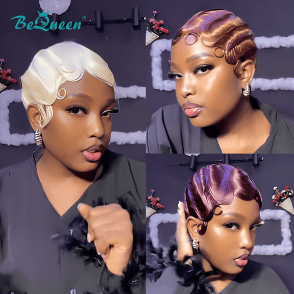 BeQueen Wig FULL LACE WIG Bequeen Brown Pixie Cut Water Wave Full Lace Wig