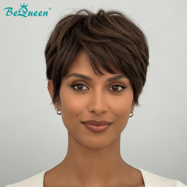 BeQueen Wig Mullet Wig Bequeen Dark Brown Natrual Style Short Wig