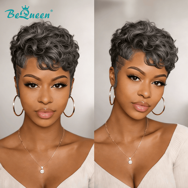 BeQueen Wig PIXIE WIGS salt and pepper Bequeen Edgy Cut Finger Wave Pixie Wig