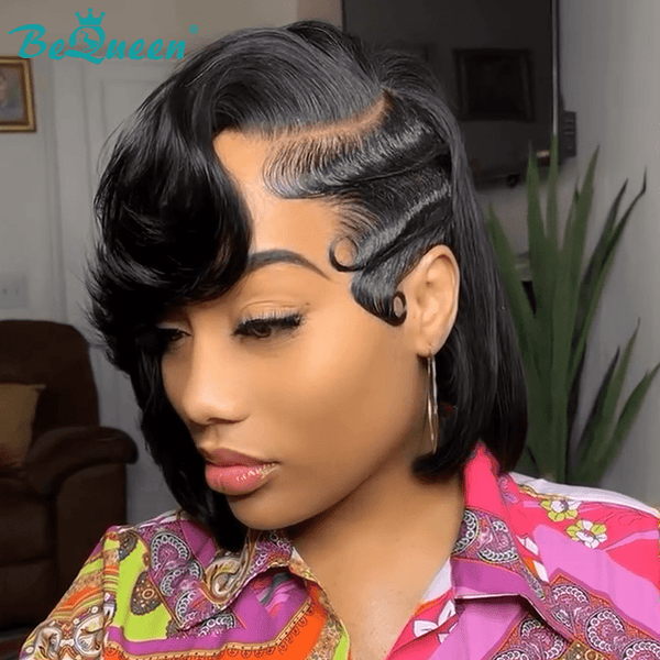 BeQueen Wig Bequeen Fashion Side Part Natrual Black 100% Hunman Hair Lace Bob Wig