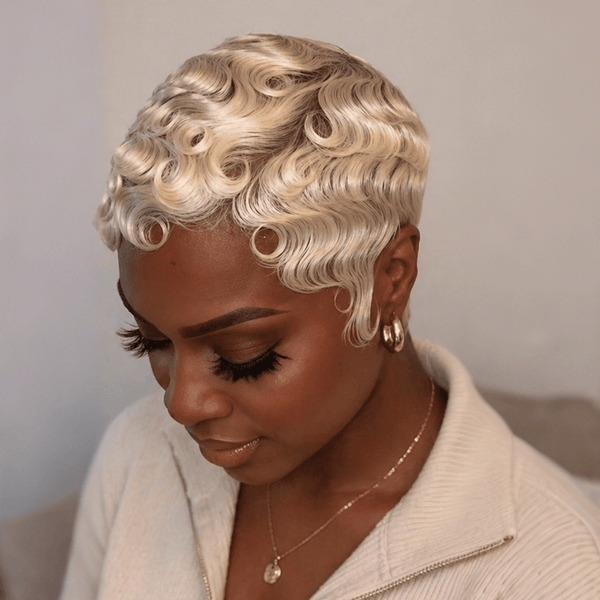 BeQueen Wig PIXIE WIGS Bequeen Full Lace Pixie Cut Finger Wave Blonde Color Human Hair