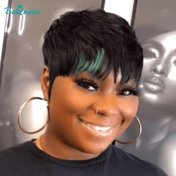 BeQueen Wig PIXIE WIGS Bequeen Green Part Machine Made Short Pixie Wig