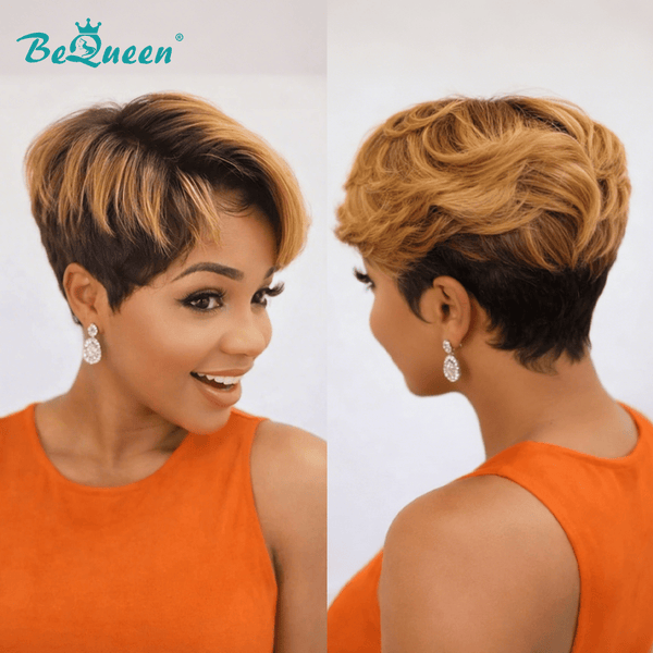 BeQueen Wig PIXIE WIGS Bequeen Highlight Bronze Side Part Natrual Glueless Frontal lace Wig