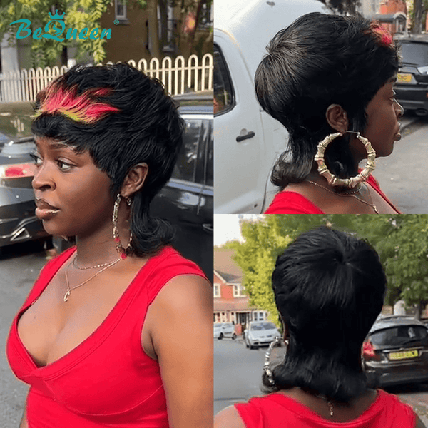 BeQueen Wig Mullet Wig Bequeen Highlight Rainbow Color Short Cut Mullet Glueless Wig