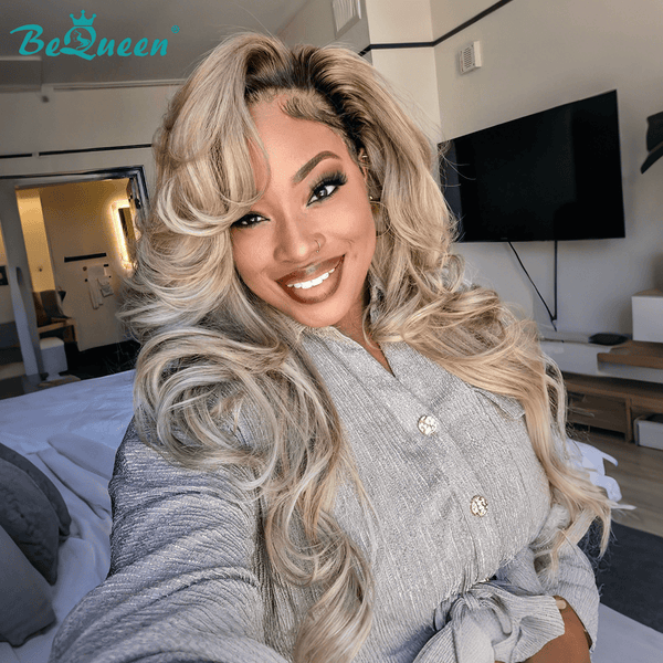 BeQueen Wig Bangs wig Bequeen Ice Blonde Beach Wave 22inch Human Hair Long Wig