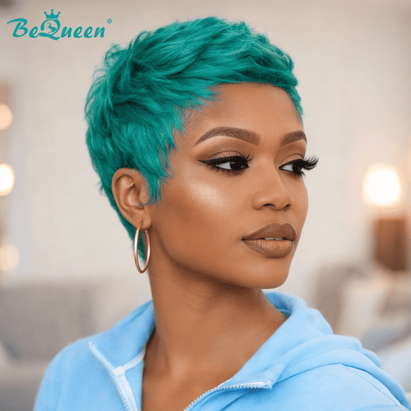 BeQueen Wig PIXIE WIGS Bequeen Light Blue Pixie Machine Made Wig