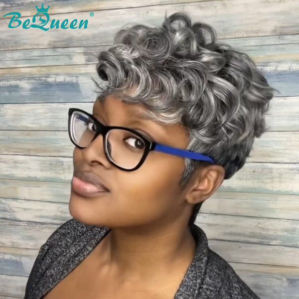 BeQueen Wig Luxurious Customized Wigs Bequeen Salt And Pepper 100% Human Hair Curly Wig