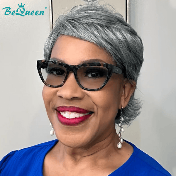 BeQueen Wig No Lace Wig Bequeen Salt and Pepper Pixie Cut Human Hair Wig