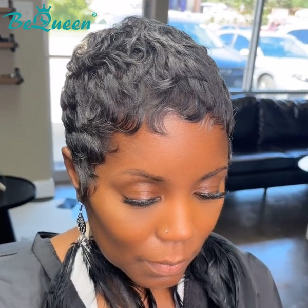 BeQueen Wig Luxurious Customized Wigs Bequeen Salt n Pepper Wavy Pixie Wig