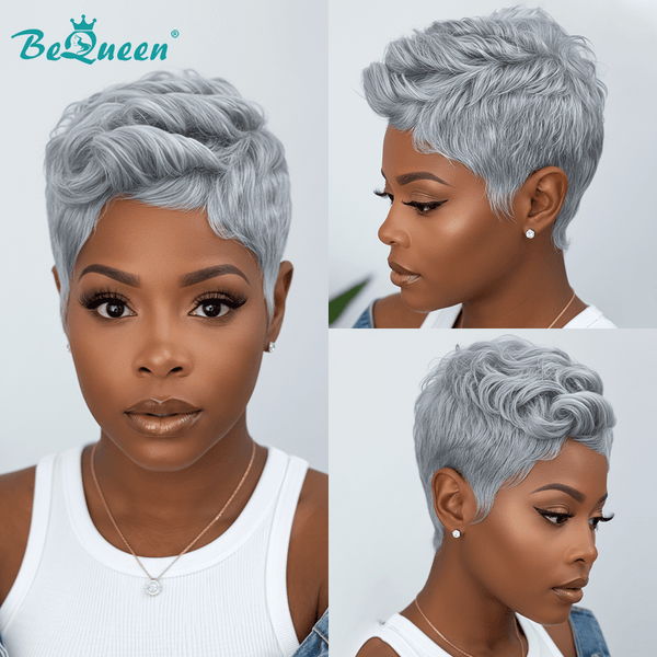 BeQueen Wig Luxurious Customized Wigs Bequeen Silver Gray Natural Wave Short Cut Pixie Wig